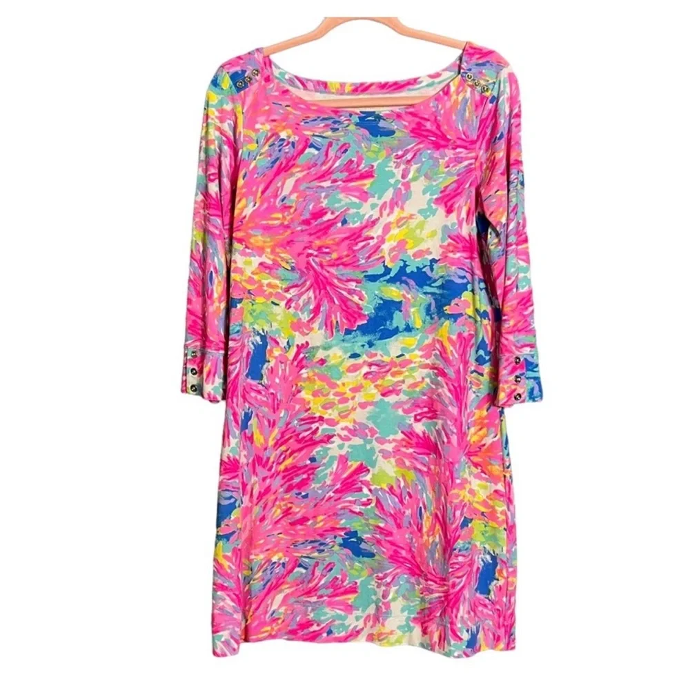 Lilly Pulitzer Coral Reef Print Shift Dress Large 3/4 Sleeve Like New - Picture 3 of 6